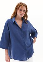 Women Blue Linen Blend Oversized Shirt