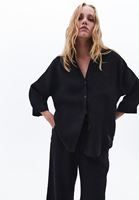 Bayan Siyah Keten Oversize Gömlek
