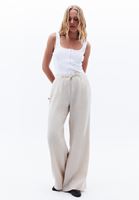 Bayan Bej Keten Yüksek Bel Wide-Leg Pantolon