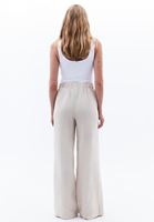 Bayan Bej Keten Yüksek Bel Wide-Leg Pantolon