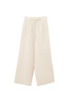 Bayan Bej Keten Yüksek Bel Wide-Leg Pantolon