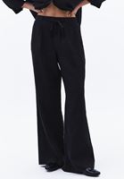 Bayan Siyah Keten Yüksek Bel Wide-Leg Pantolon