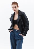 Women Black Zipper Detail Vegan Leather Jacket