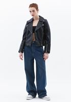 Women Black Zipper Detail Vegan Leather Jacket