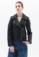 Women Black Zipper Detail Vegan Leather Jacket