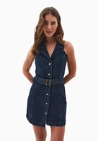 Bayan Mavi Kemer Detaylı Denim Elbise