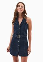 Bayan Mavi Kemer Detaylı Denim Elbise