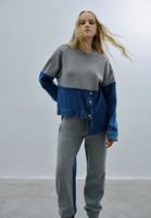 Bayan Mavi Denim Detaylı Oversize Sweatshirt