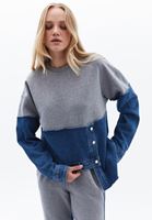 Bayan Mavi Denim Detaylı Oversize Sweatshirt
