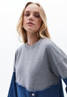 Bayan Mavi Denim Detaylı Oversize Sweatshirt