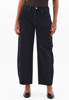 Bayan Siyah Orta Bel Barrel-Fit Pantolon