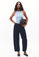 Women Navy Mid Waist Barrel-Fit Jeans