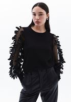 Women Black Sweater with Jacquard Sleeve Detail