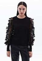 Women Black Sweater with Jacquard Sleeve Detail