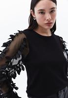 Women Black Sweater with Jacquard Sleeve Detail