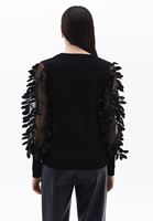 Women Black Sweater with Jacquard Sleeve Detail