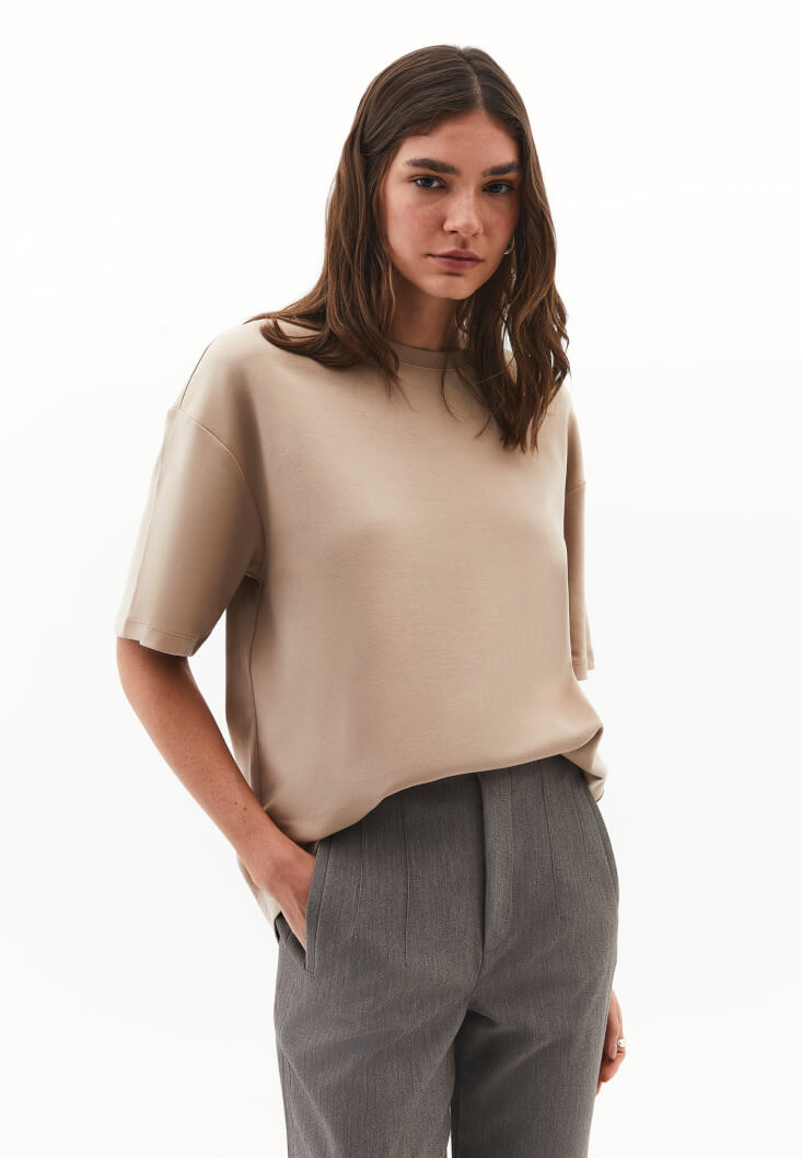 Women Beige Cotton Oversized T-Shirt