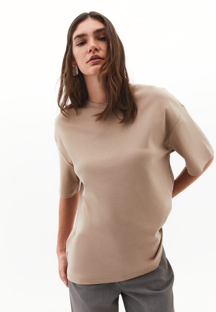 Women Beige Cotton Oversized T-Shirt