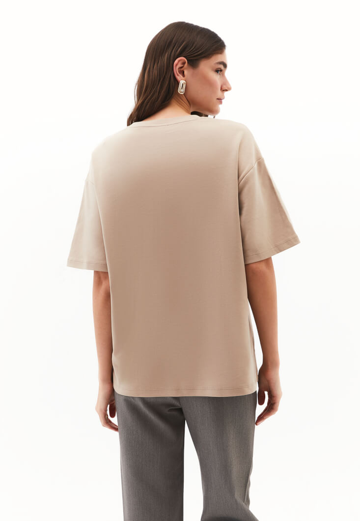 Women Beige Cotton Oversized T-Shirt