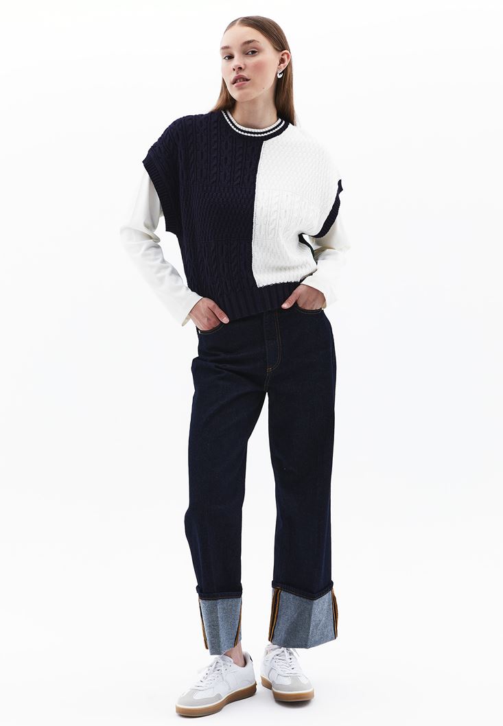Women Mixed Pullover with Braid Detail