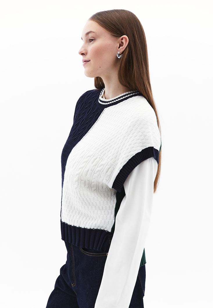 Women Mixed Pullover with Braid Detail