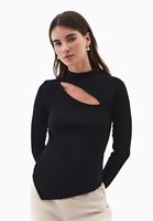 Women Black Cut-Out High Neck T-Shirt