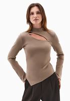 Women Sand Beige Cut-Out High Neck T-Shirt