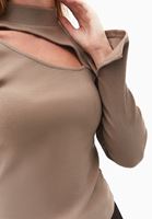 Women Sand Beige Cut-Out High Neck T-Shirt