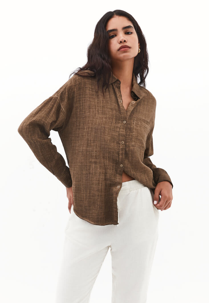 Women Brown Washed Oversized Pocket Shirt