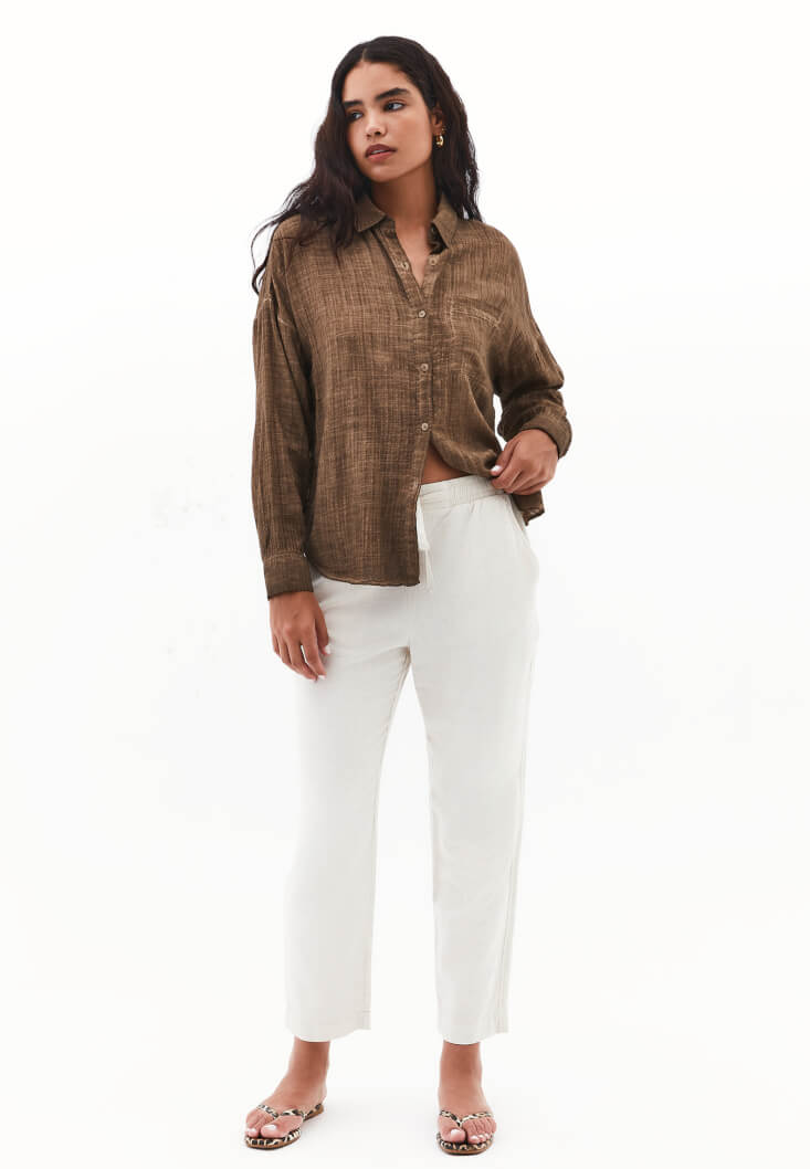 Women Brown Washed Oversized Pocket Shirt