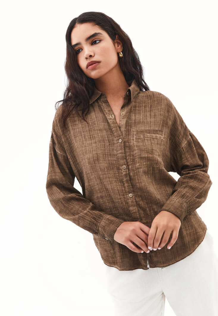 Women Brown Washed Oversized Pocket Shirt