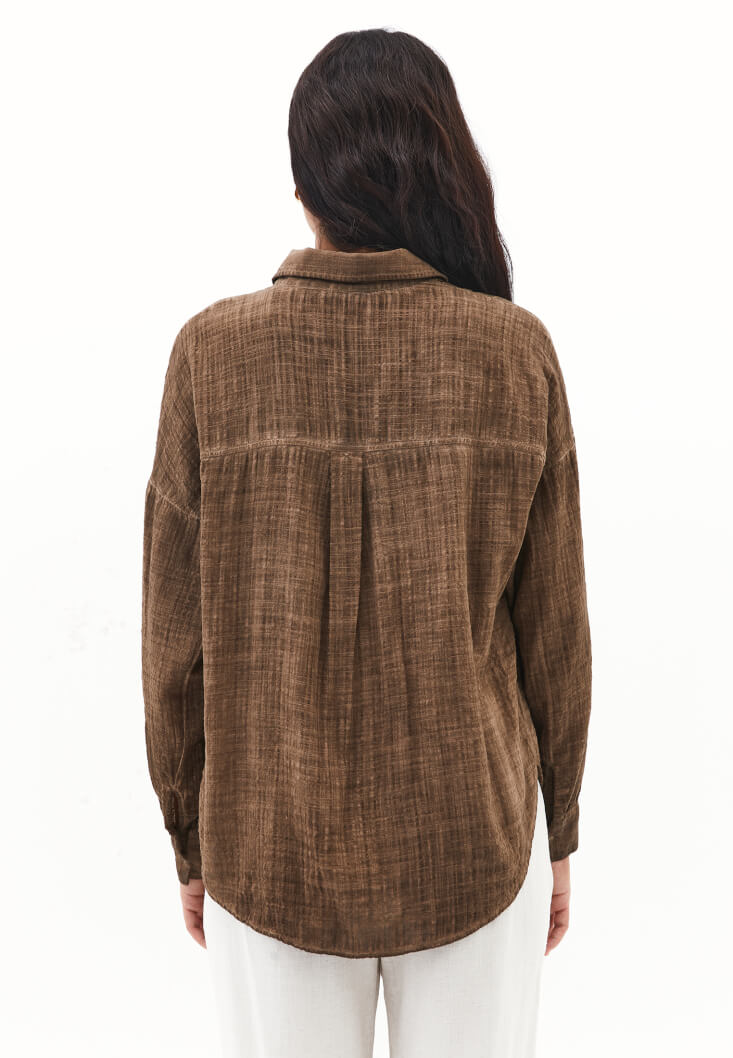 Women Brown Washed Oversized Pocket Shirt