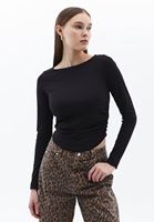 Women Black Boat Neck Ruffled T-Shirt