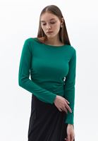 Women Green Boat Neck Ruffled T-Shirt