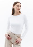 Women White Boat Neck Ruffled T-Shirt