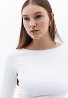 Women White Boat Neck Ruffled T-Shirt