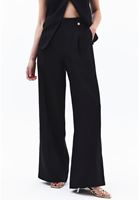 Bayan Siyah Keten Karışımlı Wide-Leg Pantolon ( TENCEL™ )