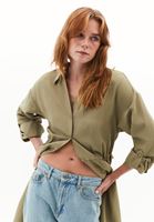 Bayan Yeşil Keten Karışımlı Kemerli Elbise (TENCEL™ )