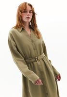 Bayan Yeşil Keten Karışımlı Kemerli Elbise (TENCEL™ )