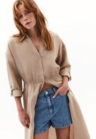 Bayan Bej Keten Karışımlı Kemerli Elbise (TENCEL™ )