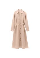 Bayan Bej Keten Karışımlı Kemerli Elbise (TENCEL™ )