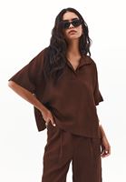 Bayan Kahverengi Keten Karışımlı Oversize Bluz ( TENCEL™ )