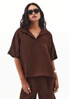 Bayan Kahverengi Keten Karışımlı Oversize Bluz ( TENCEL™ )
