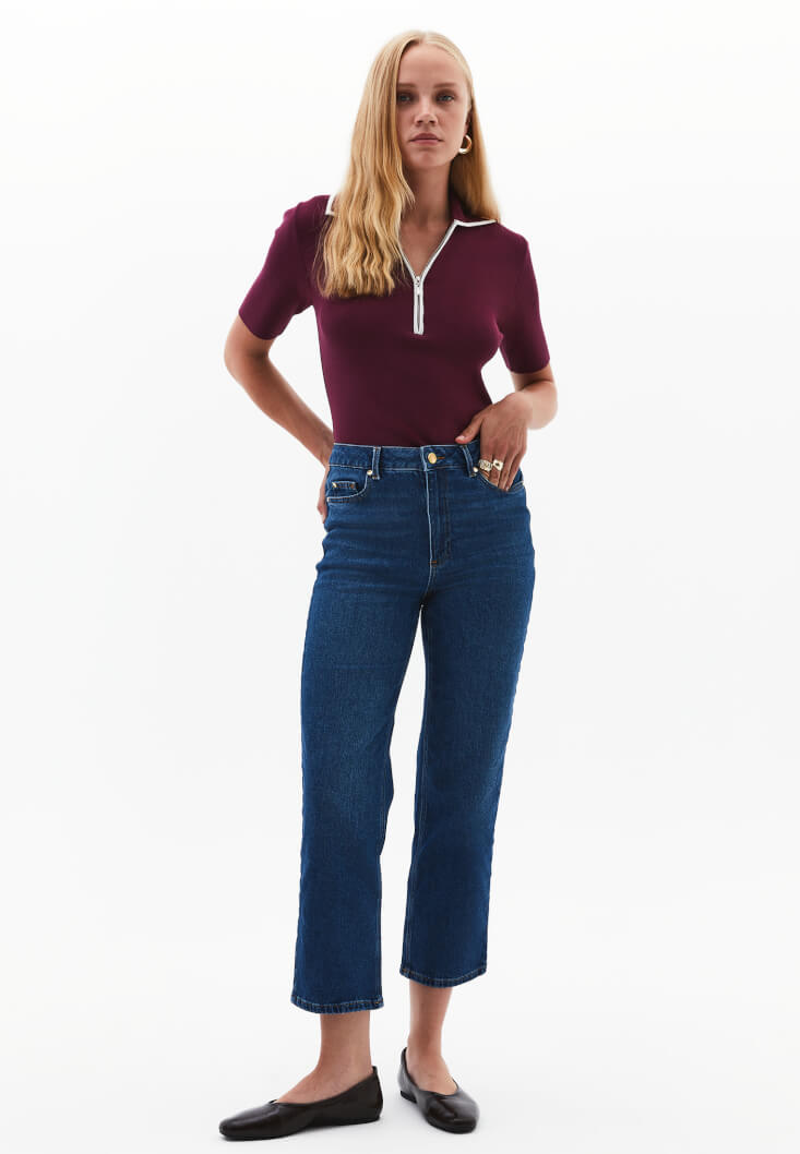 Women Purple Polo Neck Knit T-Shirt