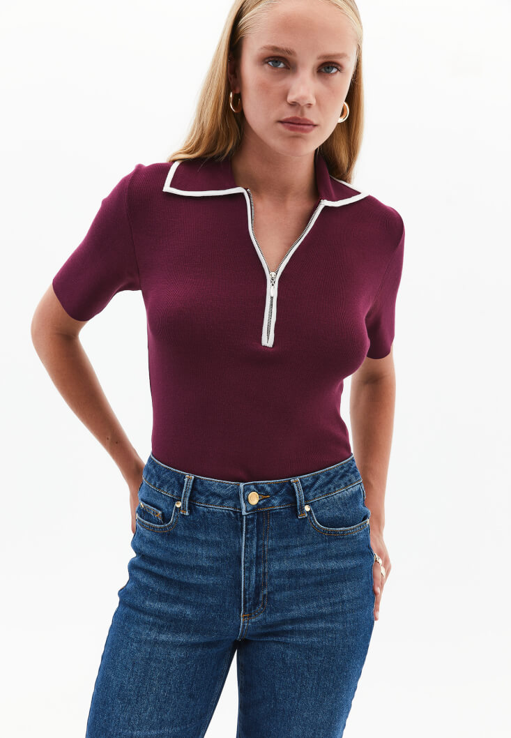 Women Purple Polo Neck Knit T-Shirt