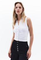 Women White Ruched Polo Neck Tank Top