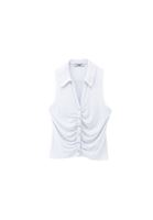 Women White Ruched Polo Neck Tank Top