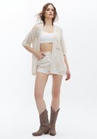 Women Cream Cut Out Detailed Knitted Cardigan