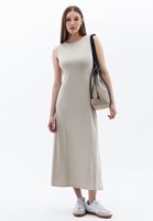 Women Beige Crew Neck Midi Dress (MODAL)