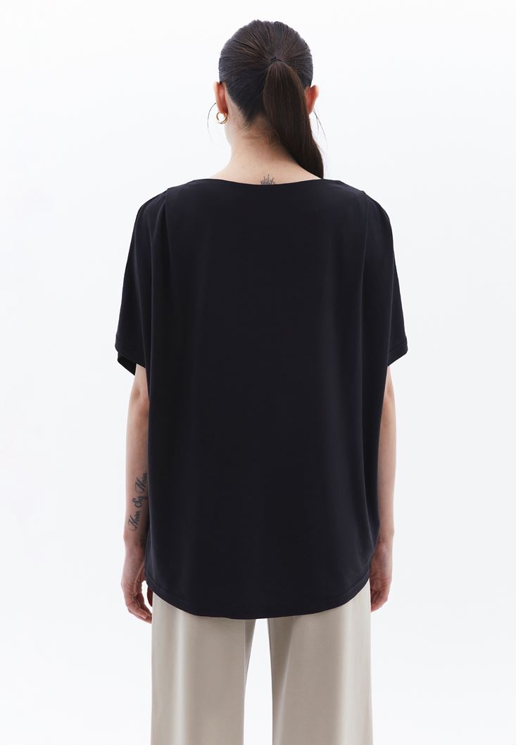 Women Black Oversize Boot Neck T-Shirt (MODAL)